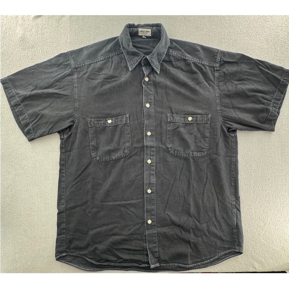 Guess Jeans Button Down Shirt Mens L Black VTG Short Sleeve Denim Retro Utility